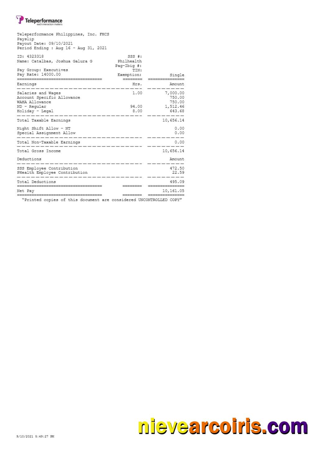 Teleperformance Philippines payslip
